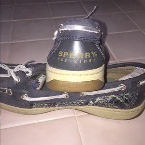 Blue/green snake print sperrys